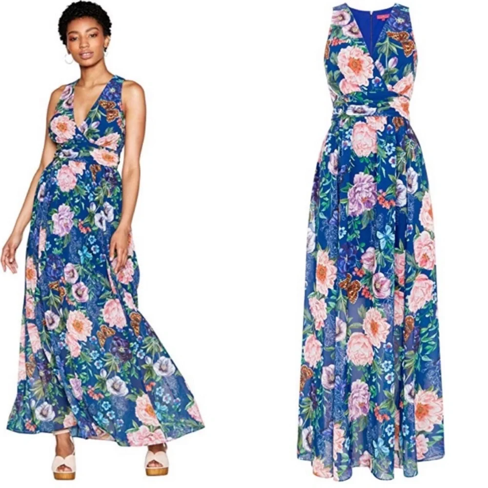 Vibrant Floral Print V Neck Occassion Maxi Dress - Picture 3 of 12
